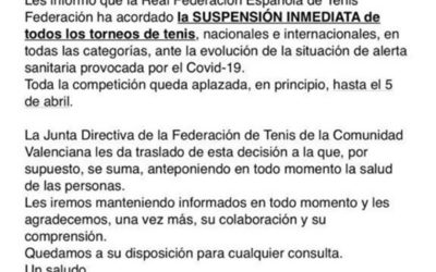 Comunicado de la Federación de Tenis de la Comunidad Valenciana.
