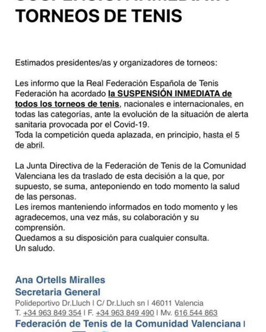 Comunicado de la Federación de Tenis de la Comunidad Valenciana.
